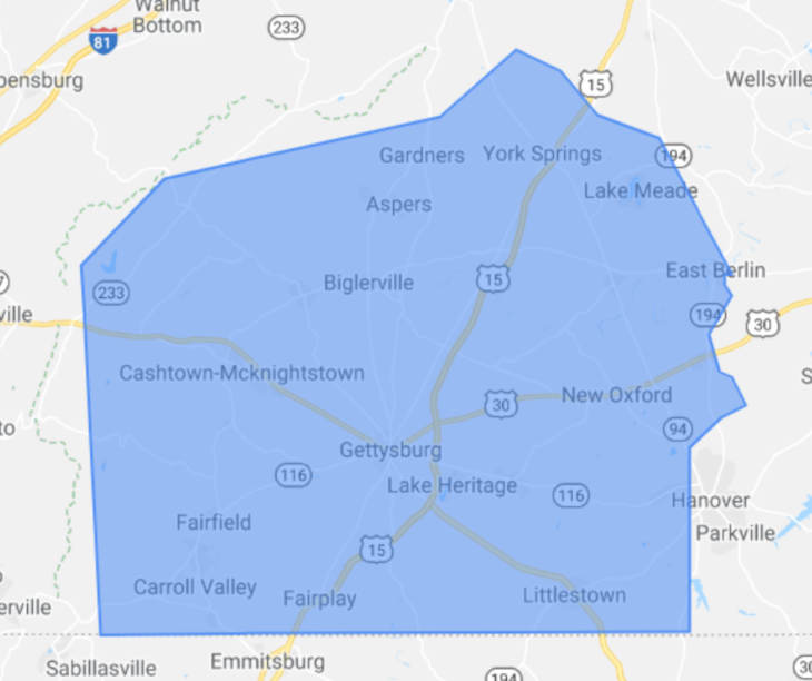 What are the real boundaries of Adams County PA?